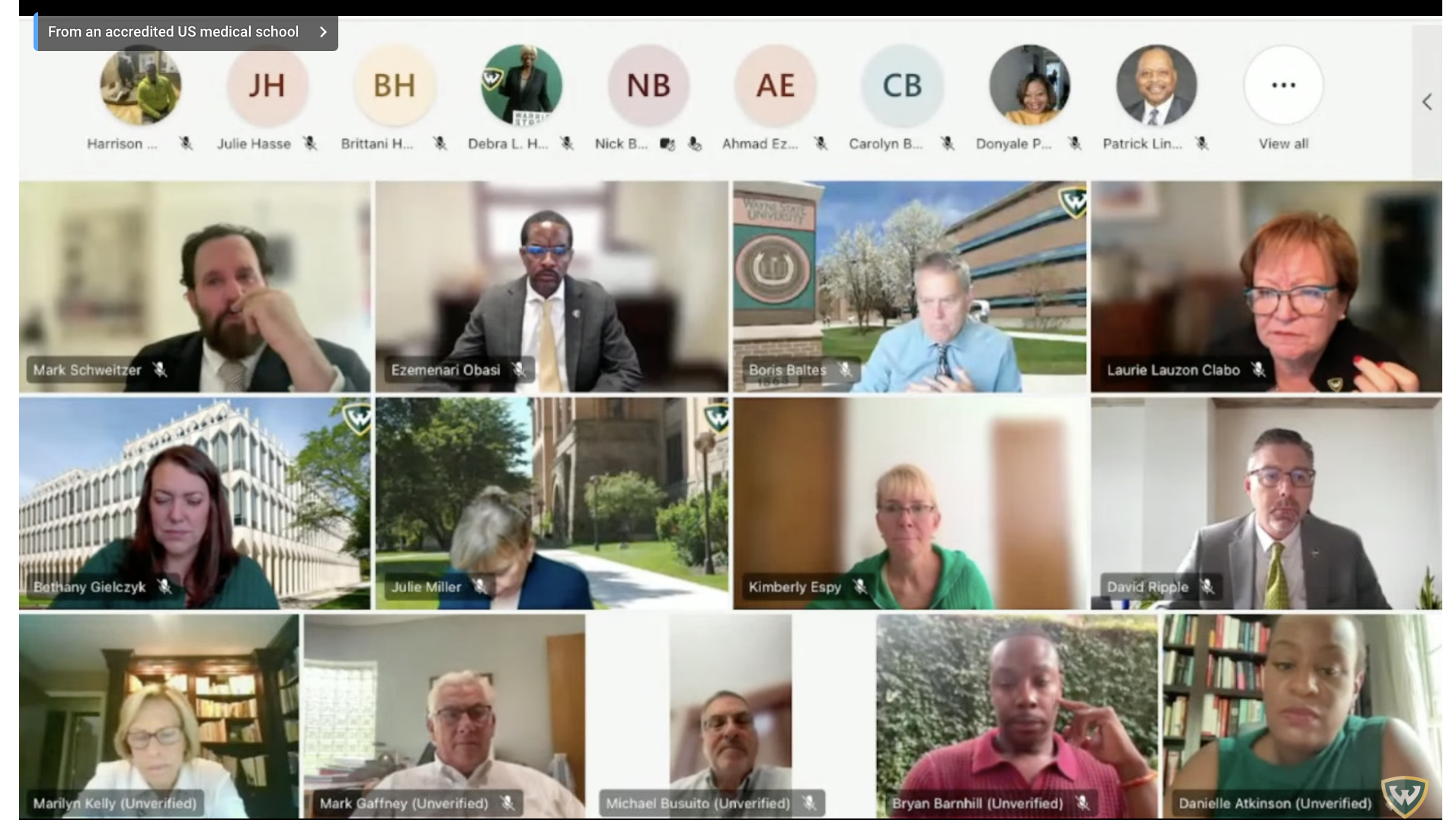 A screenshot of the Wayne State University Board of Governors' virtual meeting on Wednesday, June 26, 2024.